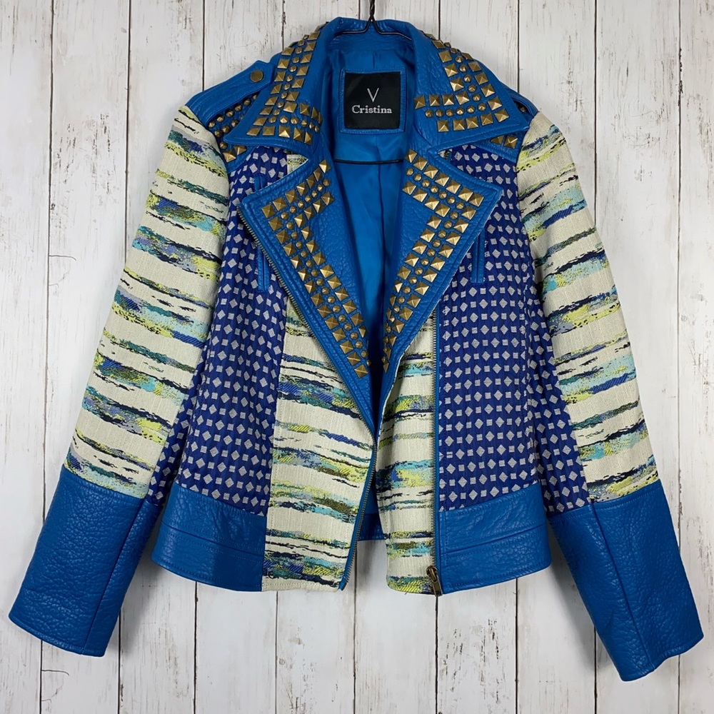 V Cristina Blue Faux Leather Studs Zippers Blazer Jacket Women’s Sz M Petite